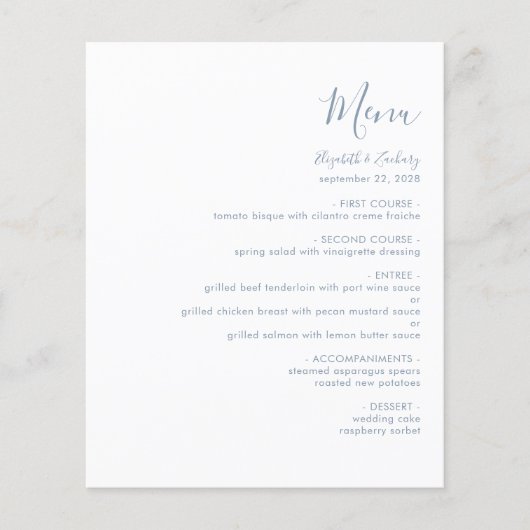 Budget Modern Dusty Blue Script Wedding Menu (Vorderseite)