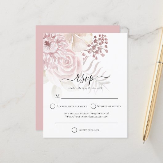 Budget Modern Dusty Rose Florals Wedding RSVP (Vorderseite/Rückseite Beispiel)