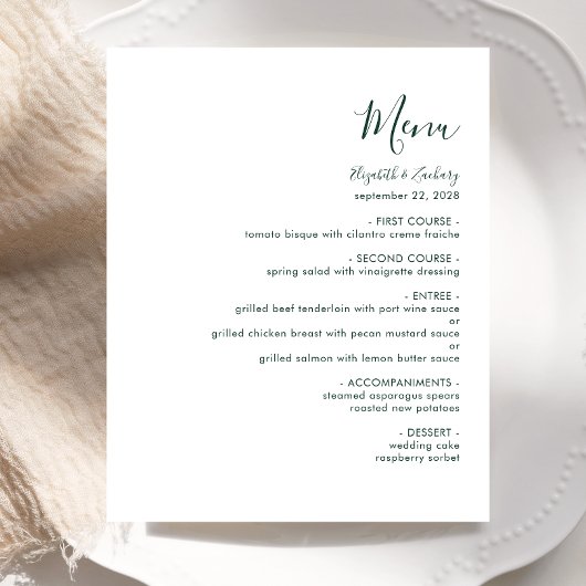 Budget Modern Emerald Green Script Wedding Menu