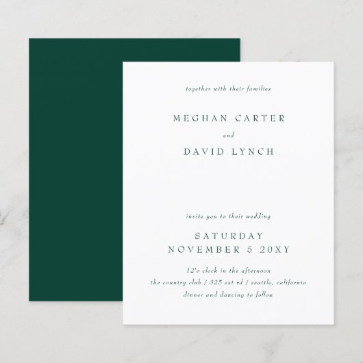 Budget Modern Emerald Green Wedding Einladung (Vorne/Hinten)