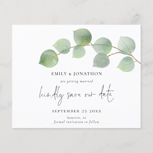Budget Modern Eukalyptus Script Save the Date (Vorderseite)