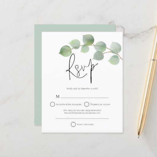 Budget Modern Eukalyptus Wedding RSVP (Vorderseite/Rückseite Beispiel)