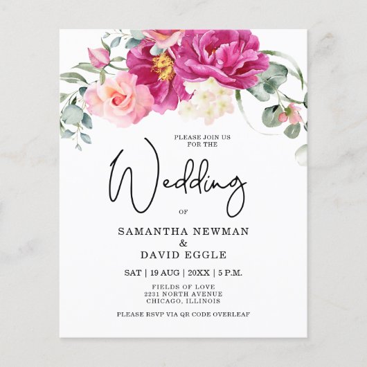 Budget Modern Fuchsia Pink Floral QR Code Hochzeit (Vorderseite)