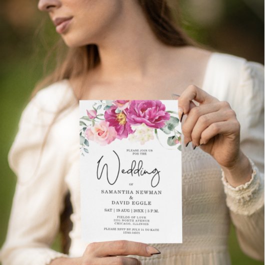 Budget Modern Fuchsia Pink Floral QR Code Hochzeit