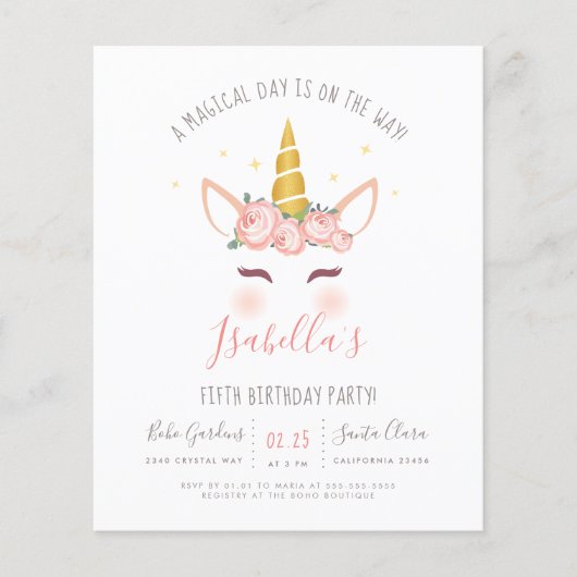 Budget Modern Gold Floral Magical Unicorn Geburtst (Vorderseite)