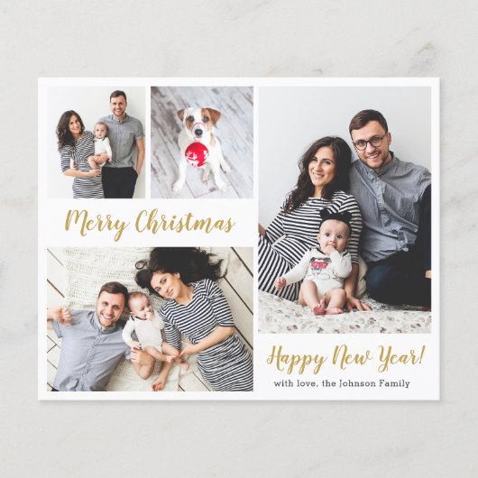 Budget Modern Gold Script 5 Foto Weihnachtskarten (Vorderseite)