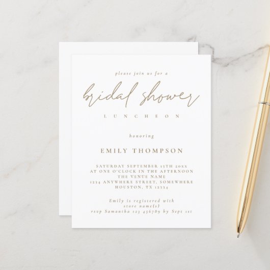Budget Modern Gold Script Bridal Dusche Einladung (Vorderseite/Rückseite Beispiel)