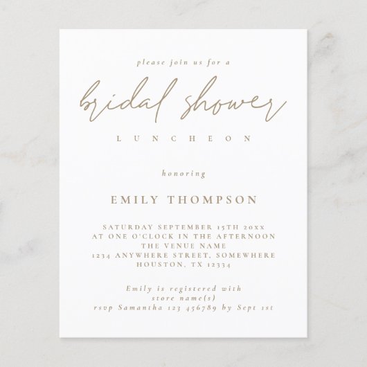 Budget Modern Gold Script Bridal Dusche Einladung (Vorderseite)