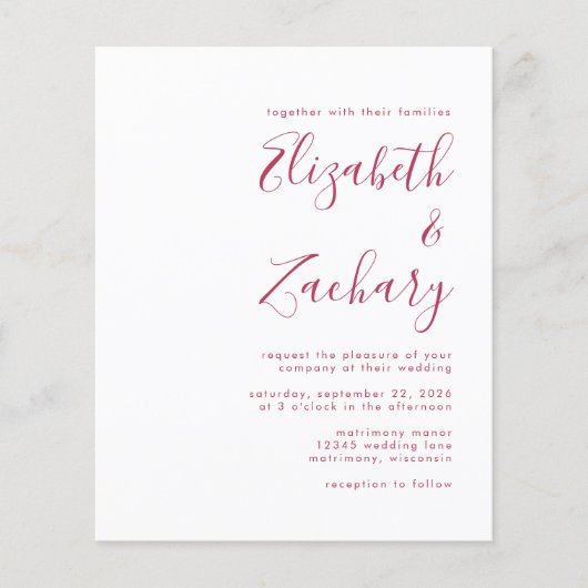 Budget Modern Magenta Script Einladung Hochzeit (Vorderseite)