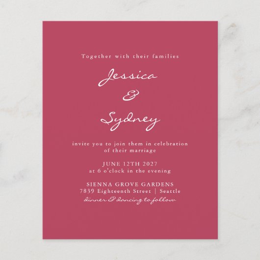 Budget Modern Magenta Script Hochzeit (Vorderseite)