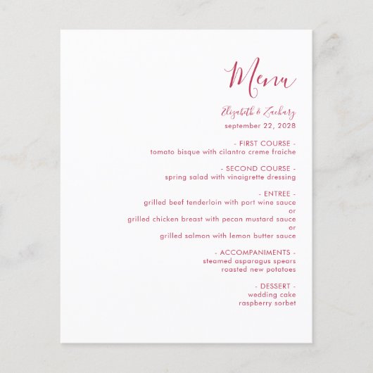 Budget Modern Magenta Script Wedding Menu (Vorderseite)