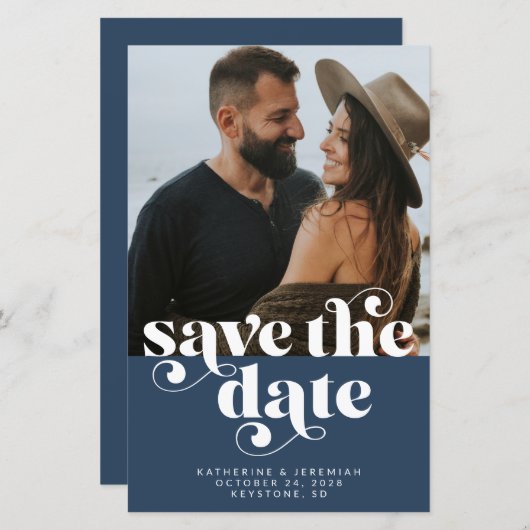 BUDGET Modern Navy Blue Foto Save the Date (Vorne/Hinten)