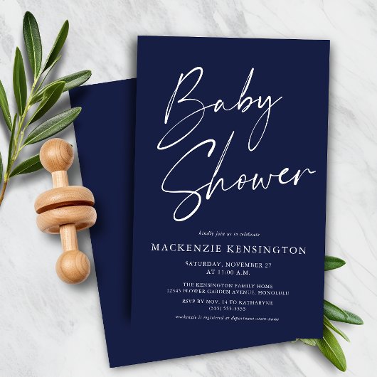 Budget Modern Navy Blue Simple Script Baby Dusche