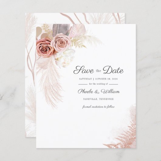 Budget Modern Pampas Grass Floral Save the Date (Vorne/Hinten)