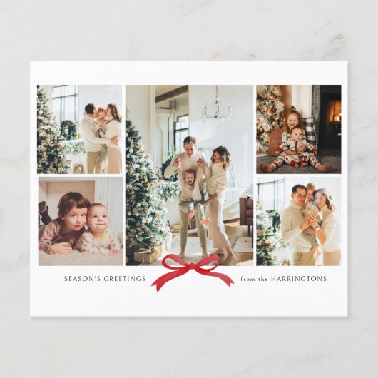 BUDGET Modern Red Bow Foto Collage Holiday Card (Vorderseite)