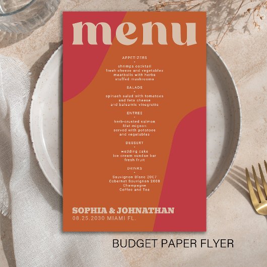 Budget modern retro groovy wedding menu template flyer