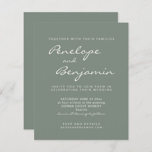 Budget Modern Sage Green Script Wedite Einladung (Vorne/Hinten)