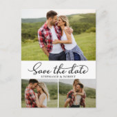Budget Modern Script 3 Foto Collage Save the Date Ankündigungspostkarte (Vorderseite)