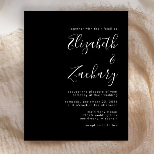 Budget Modern Script Black Wedding Einladung