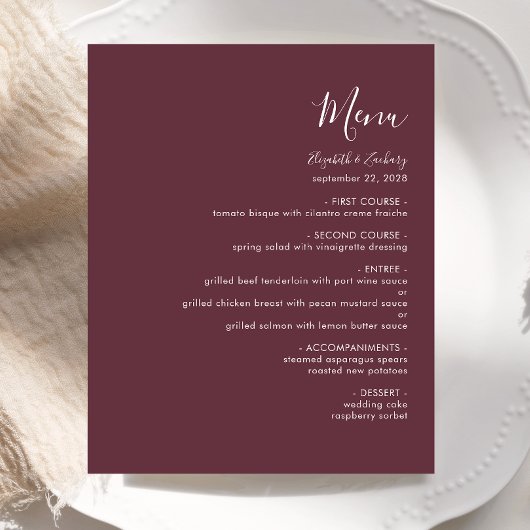 Budget Modern Script Burgundy Wedding Menu