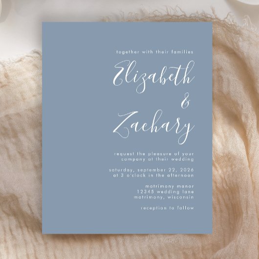 Budget Modern Script Dusty Blue Wedding Einladung