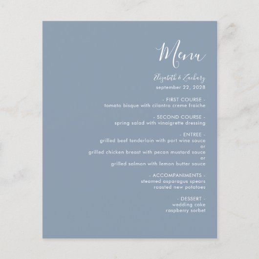 Budget Modern Script Dusty Blue Wedding Menu (Vorderseite)