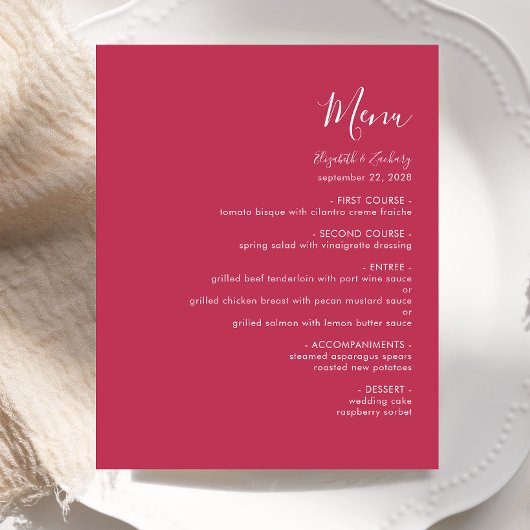 Budget Modern Script Magenta Wedding Menu