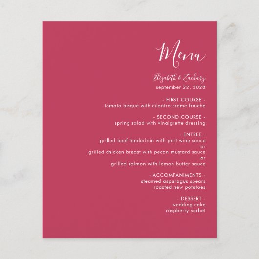 Budget Modern Script Magenta Wedding Menu (Vorderseite)