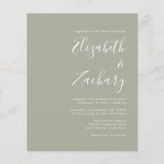 Budget Modern Script Sage Green Wedding Einladung (Vorderseite)