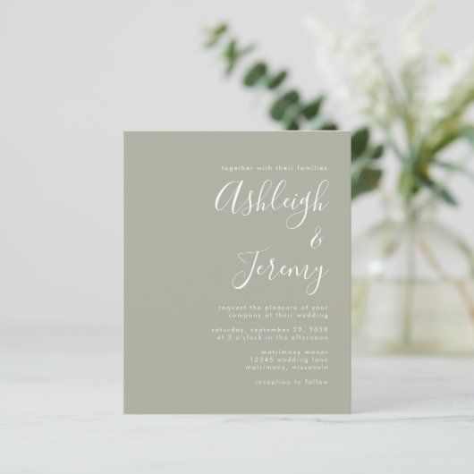 Budget Modern Script Sage Green Wedding Einladung (Stehend Vorderseite)