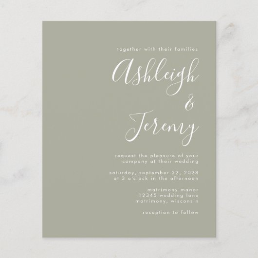 Budget Modern Script Sage Green Wedding Einladung (Vorderseite)