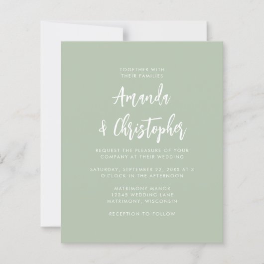 Budget Modern Script Sage Green Wedding Invitation (Vorderseite)