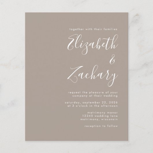 Budget Modern Script Taupe Hochzeit Einladung (Vorderseite)