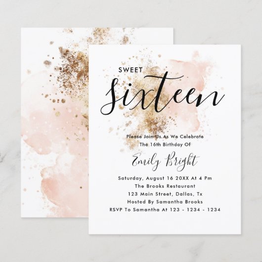 Budget Modern Stilvoll Pink Gold Sweet 16 Einladun (Vorne/Hinten)