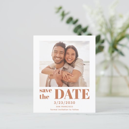 Budget Modern Terracotta Foto Save the Date Karte (Stehend Vorderseite)