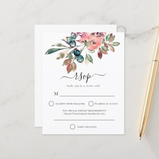 Budget Modern Watercolor Pink Florals Wedding RSVP (Vorderseite/Rückseite Beispiel)