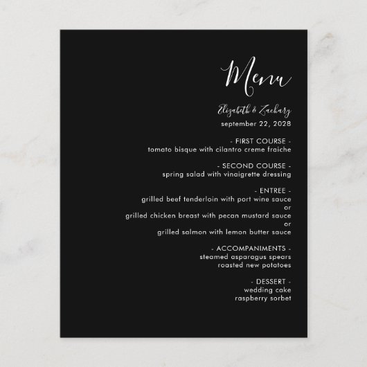 Budget Modern White Script Black Wedding Menu (Vorderseite)