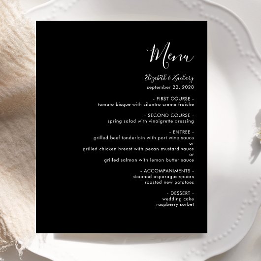 Budget Modern White Script Black Wedding Menu
