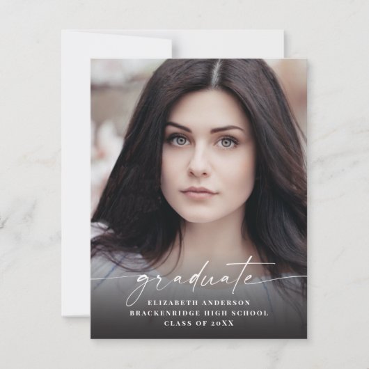 Budget Modern White Script Foto Abschluss Ankündigung (Vorderseite)