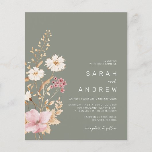 Budget Modern Wildblume Sage Green Wedite Einladun (Vorderseite)