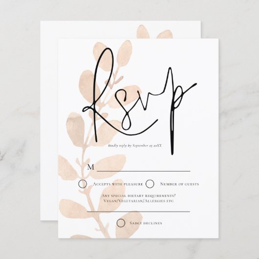 Budget Moderne Blätter Script Wedding RSVP (Vorne/Hinten)
