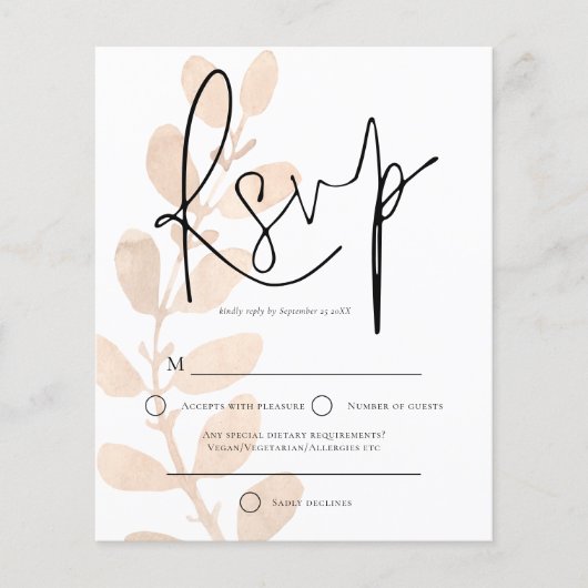 Budget Moderne Blätter Script Wedding RSVP (Vorderseite)