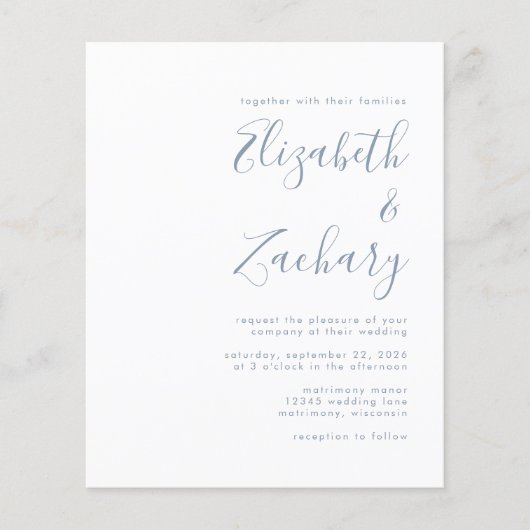 Budget Moderne Blue Script Einladung Hochzeit (Vorderseite)