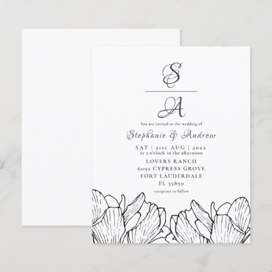 Budget Moderne Blumenmonogramm Einladung (Vorne/Hinten)