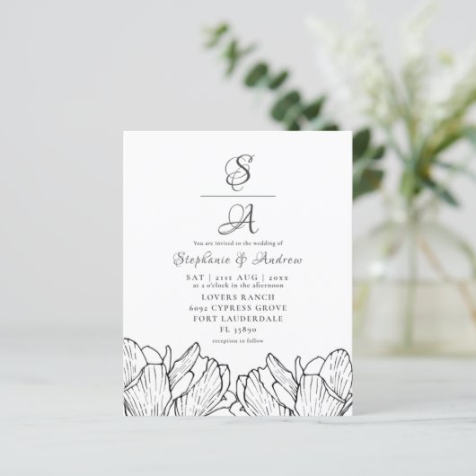Budget Moderne Blumenmonogramm Einladung (Stehend Vorderseite)