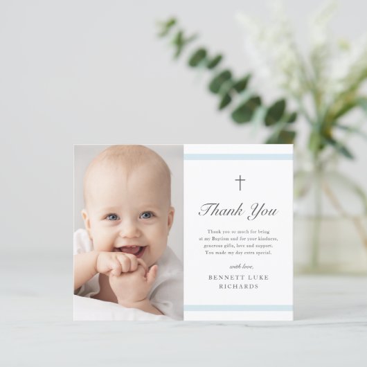 Budget Moderne Elegance Boys Taufe Danke Karte (Stehend Vorderseite)