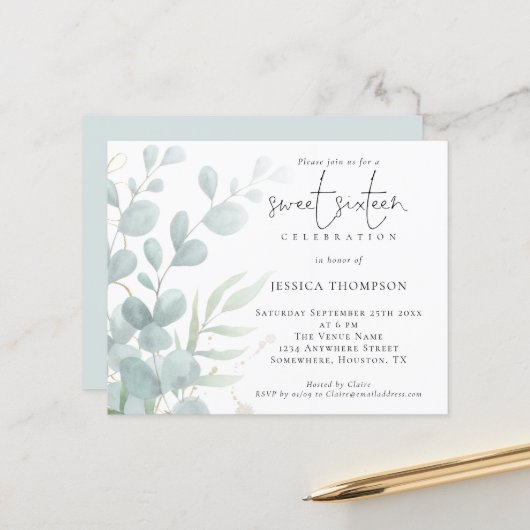 Budget Moderne Eukalyptus 16 . Geburtstag Einladun (Vorderseite/Rückseite Beispiel)