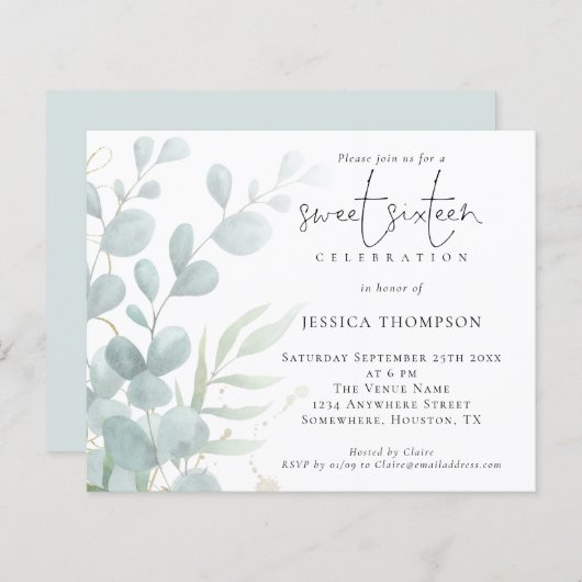 Budget Moderne Eukalyptus 16 . Geburtstag Einladun (Vorne/Hinten)