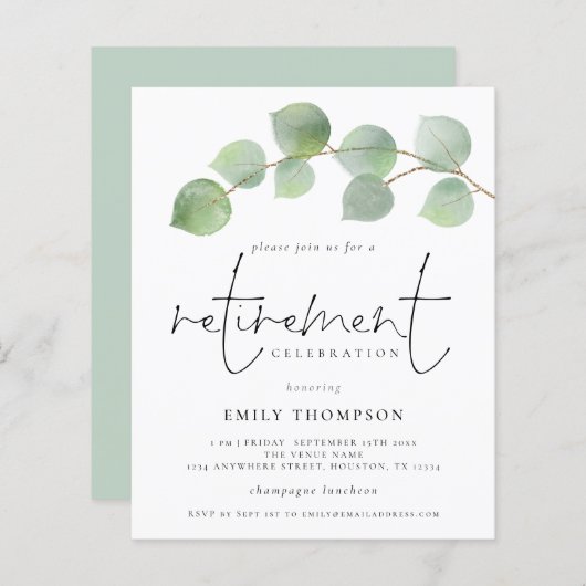 Budget Moderne Eukalyptus Pensionierung Einladung (Vorne/Hinten)