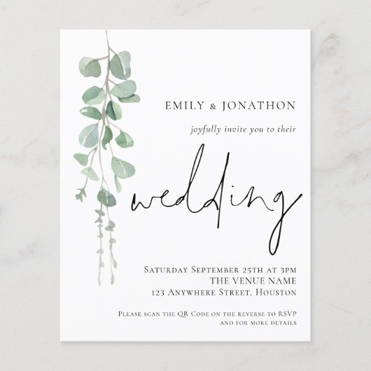 Budget Moderne Eukalyptus QR Code Wedite Einladung (Vorderseite)